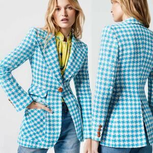 Smythe Birkin Blazer Topaz Blue Houndstooth Tweed Jacket Made in Canada Size 8